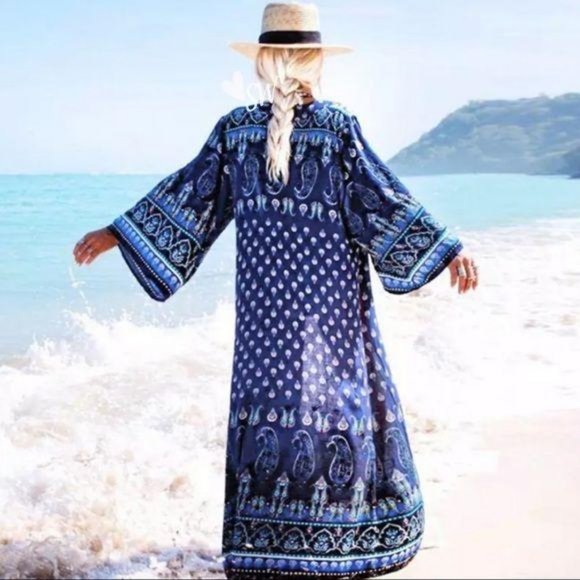 Sweaters - Luxe Boho Printed Gypsy Kimono Navy Blue Cardigan